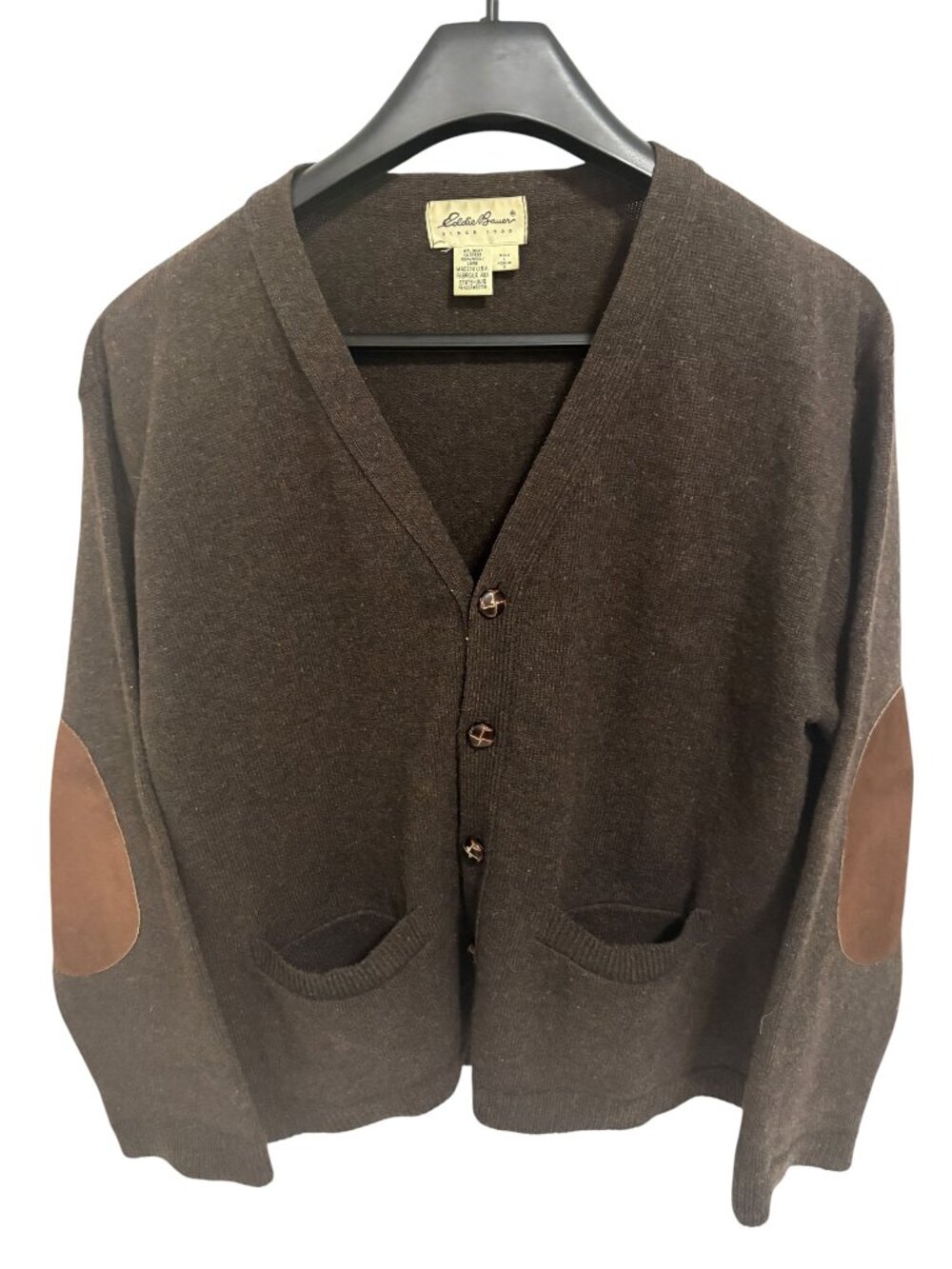 VINTAGE Eddie Bauer Sweater Mens L Brown Cardigan Wool Knit 90s Elbow Patch
